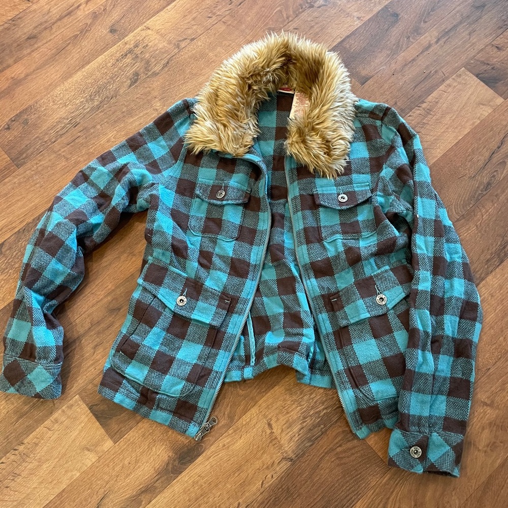 Flannel jacket with fur (removable) collar